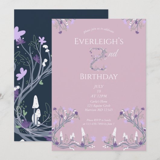 Enchanted Forest Mushroom Second Birthday 招待状 (正面/裏面)