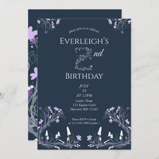Enchanted Forest Mushroom Second Birthday 招待状 (正面/裏面)