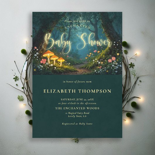 Enchanted Forest Mushrooms Glow Script Baby Shower 招待状