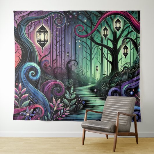 Enchanted Forest Path with Glowing Lanterns タペストリー (インサイチュ(横))