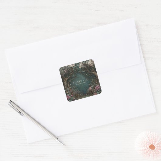 Enchanted Forest Rustic Tree Pink Peony Painterly スクエアシール (封筒)