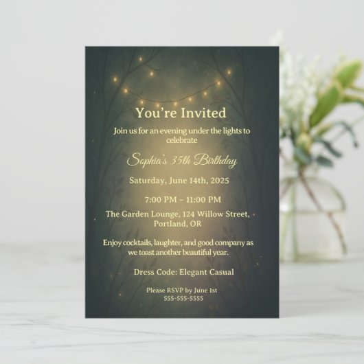 Enchanted Forest String Lights Adult Birthday  招待状 (スタンド正面)