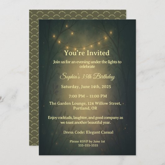 Enchanted Forest String Lights Adult Birthday  招待状 (正面/裏面)
