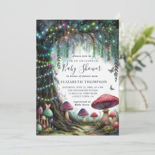 Enchanted Forest Whimsical Mushrooms Baby Shower 招待状 (スタンド正面)