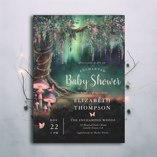 Enchanted Forest Woodland Mushrooms Baby Shower 招待状