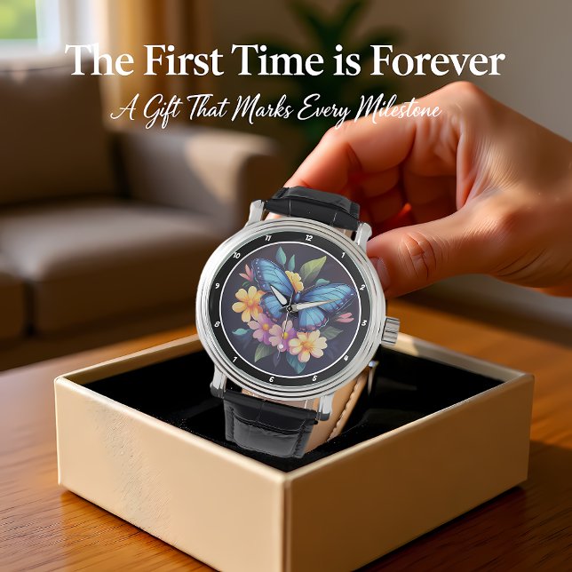 Enchanted Garden" - Blue Butterfly & Floral 腕時計 (クリエイターアップロード済み)