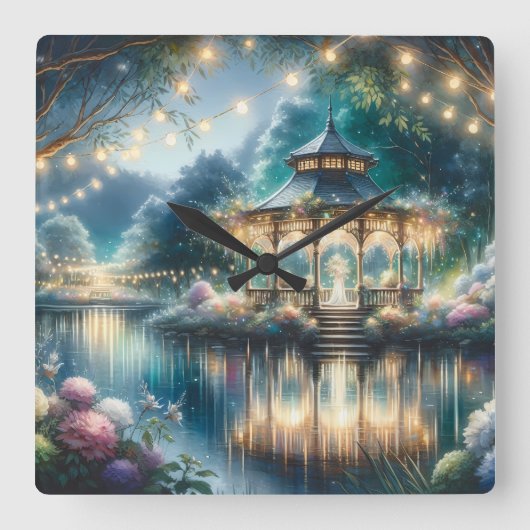 Enchanted Garden Gazebo Twilight Reflection スクエア壁時計 (正面)
