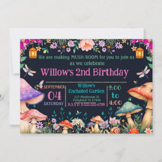 Enchanted Garden Mushroom Birthday Party Invite 招待状