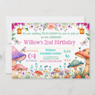 Enchanted Garden Mushroom Birthday Party Invite 招待状