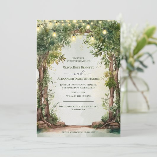 Enchanted Garden String Lights Romantic Wedding 招待状 (スタンド正面)