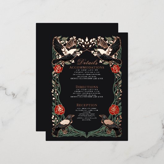 Enchanted Gothic Raven Rose Wedding Details Card 箔シーズンポストカード (正面/裏面)