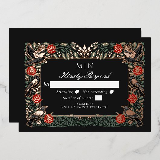 Enchanted Gothic Raven Roses Wedding RSVP  箔招待状 (正面/裏面)