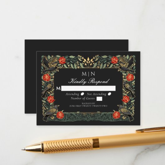 Enchanted Gothic Raven Roses Wedding Silver RSVP  エンクロージャーカード (正面/裏面インサイチュ)