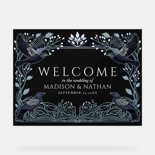 Enchanted Gothic Raven Wedding Welcome Black アクリルサイン (正面)