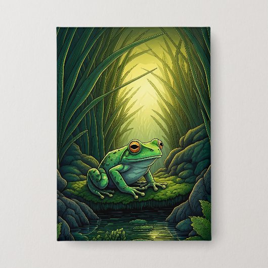 Enchanted Green Frog in a Forest 缶バッジ (正面)