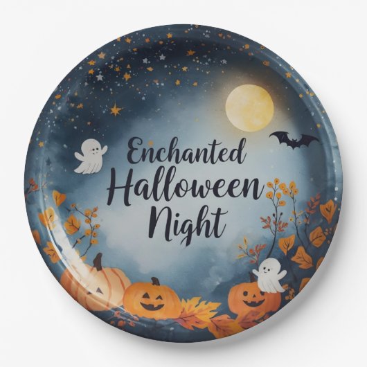 Enchanted Halloween Night Paper Plate – Cute Ghost ペーパープレート (正面)