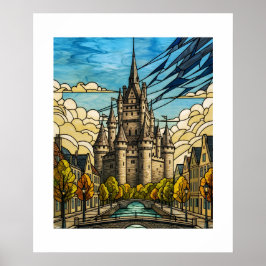 Enchanted Medieval Castle Stained Glass Canal Illu ポスター