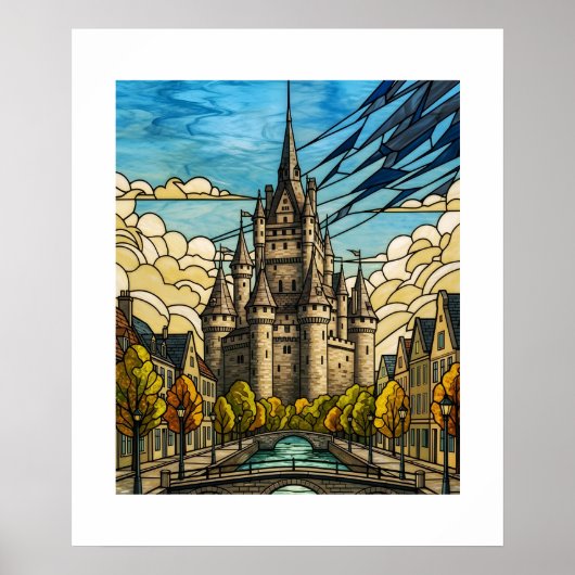 Enchanted Medieval Castle Stained Glass Canal Illu ポスター (正面)