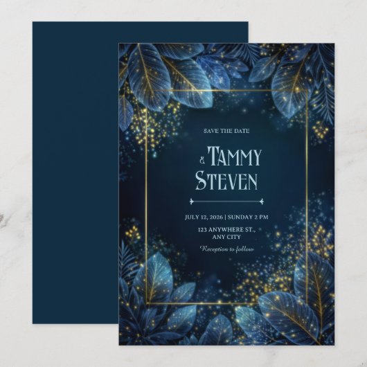 Enchanted Midnight Gold Leaf Forest Wedding 招待状 (正面/裏面)