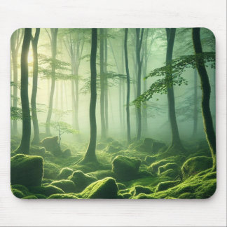 Enchanted Misty Forest Serene Green Woodland Scene マウスパッド