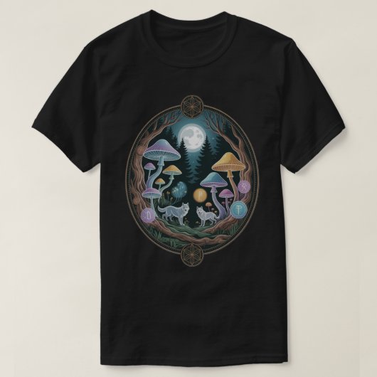 Enchanted Moonlit Wolves and Psychedelic Mushrooms Tシャツ (デザイン正面)