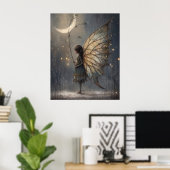 Enchanted Moonlit Woodland Fairy Watercolor Art ポスター (ホームオフィス)
