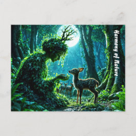 Enchanted nature guardian feeding a baby fawn ポストカード