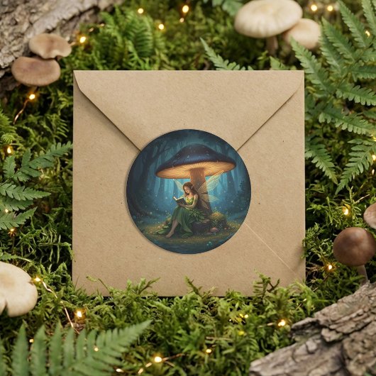 Enchanted Night Fairy Reading a Book ラウンドシール