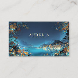 Enchanted Night Floral Cityscape Lake Gold Frame 名刺