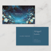 Enchanted Night Floral White Rose and Teal Lake 名刺 (正面/裏面)