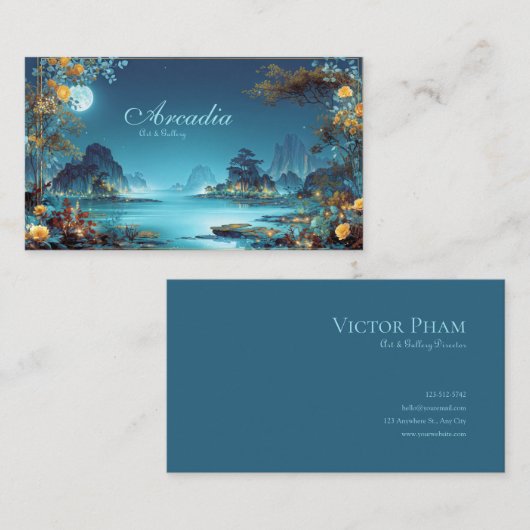 Enchanted Night Landscape Gold Floral Moon Lake 名刺 (正面/裏面)