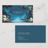 Enchanted Night Landscape Teal Yellow Floral Moon 名刺 (正面/裏面)