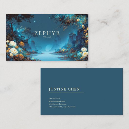 Enchanted Night Landscape Teal Yellow Floral Moon 名刺 (正面/裏面)