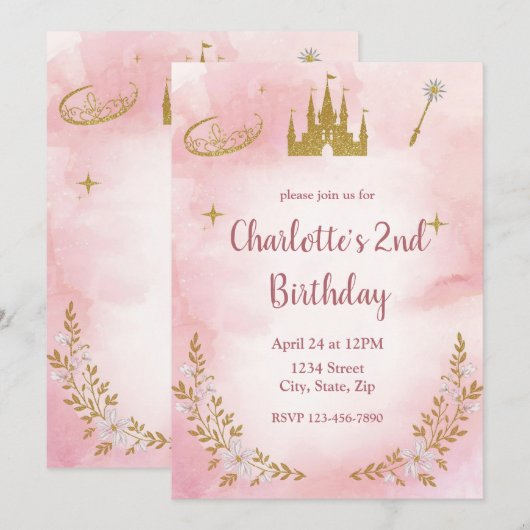 Enchanted Princess Birthday Invitation Pastel Pink 招待状 (正面/裏面)