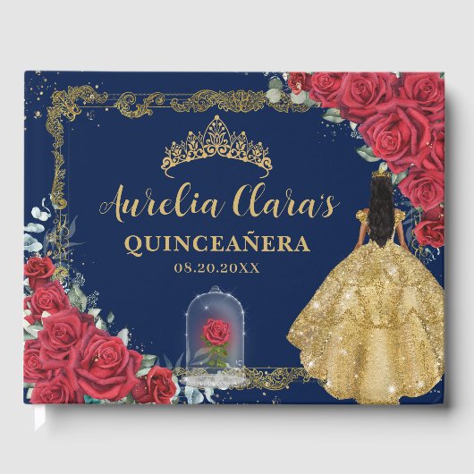 Enchanted Rose Red Floral Black Hair Quinceanera ゲストブック (正面)