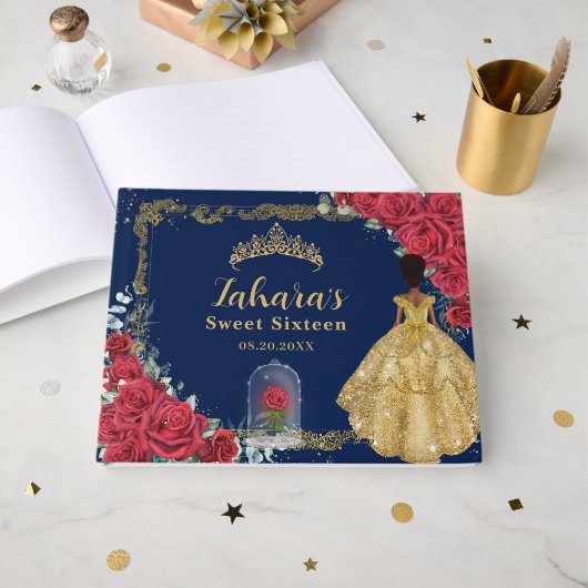 Enchanted Rose Red Floral Black Princess Sweet 16  ゲストブック (正面見開き)