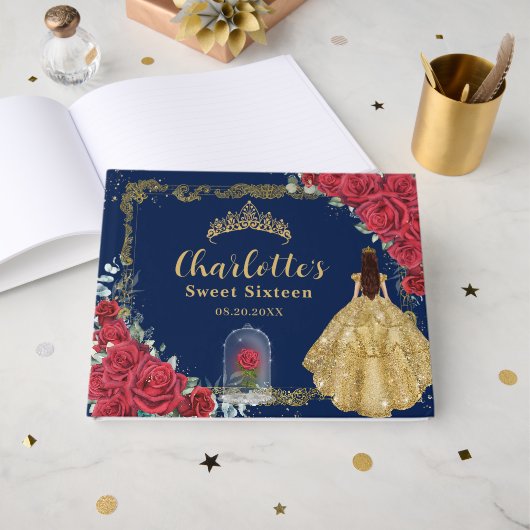 Enchanted Rose Red Floral Fair Princess Sweet 16  ゲストブック (正面見開き)