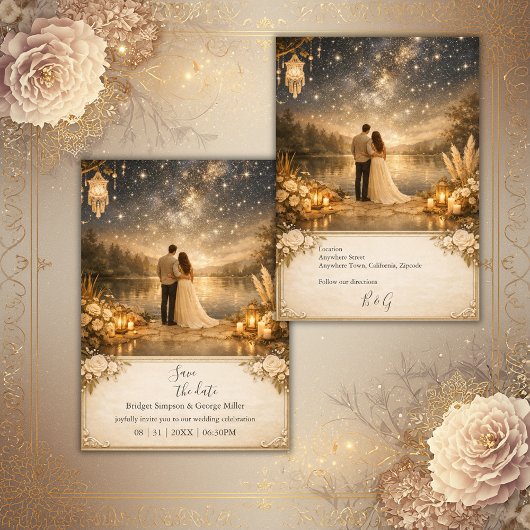 enchanted Starry Night Lake Blue & Gold Wedding 招待状