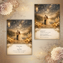 Enchanted Starry Night Lake blue & gold Wedding 招待状