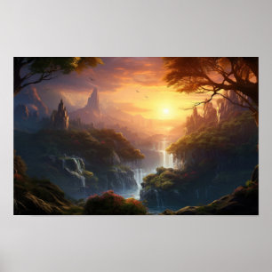Enchanted Sunset Valley —ファンタジー・ランドスケープ・アートPo ポスター