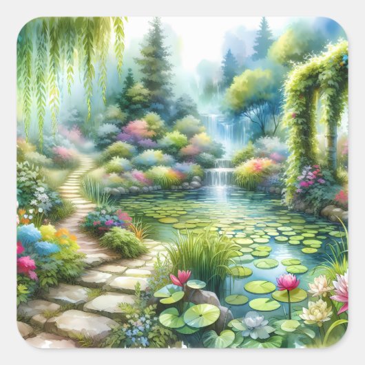 Enchanted Waterfall Garden Lily Pond スクエアシール (正面)