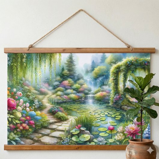 Enchanted Waterfall Garden Lily Pond 吊り下げ型タペストリー