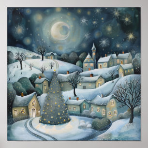 Enchanted Winter Village at Night AI Art ポスター