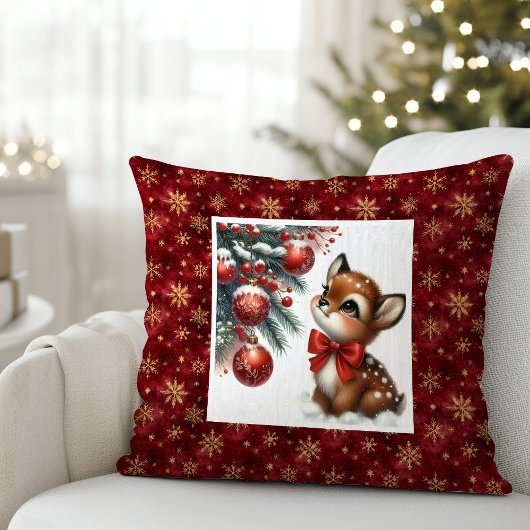 Enchanting baby fawn snowy forest Christmas pillow クッション