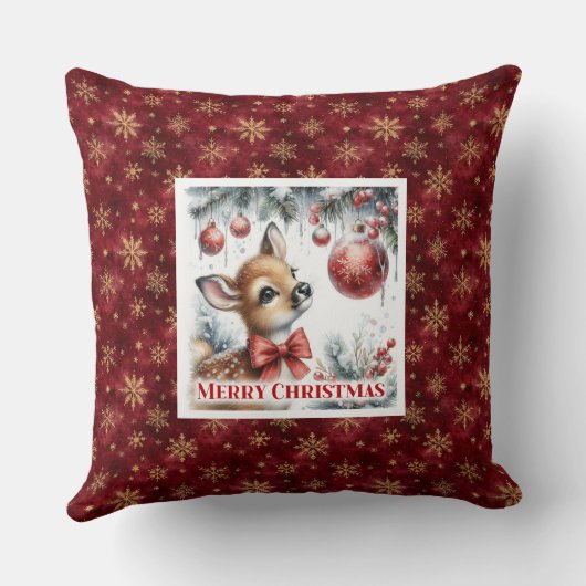 Enchanting baby fawn snowy forest scene Christmas  クッション (裏面)