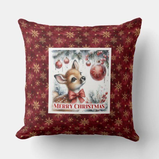 Enchanting baby fawn snowy forest scene Christmas  クッション (正面)
