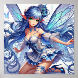 Enchanting Blue-Haired Fairy with Emerald Eyes ポスター