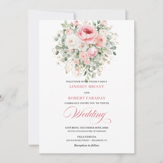 Enchanting Blush Rose Boho Floral Wedding Invite 招待状 (正面)