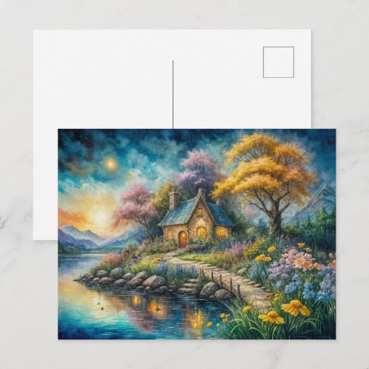 Enchanting Cottage by Moonlit Stream ポストカード (正面/裏面)