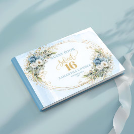 Enchanting Dusty Blue Floral Sweet 16th Guest Book ゲストブック